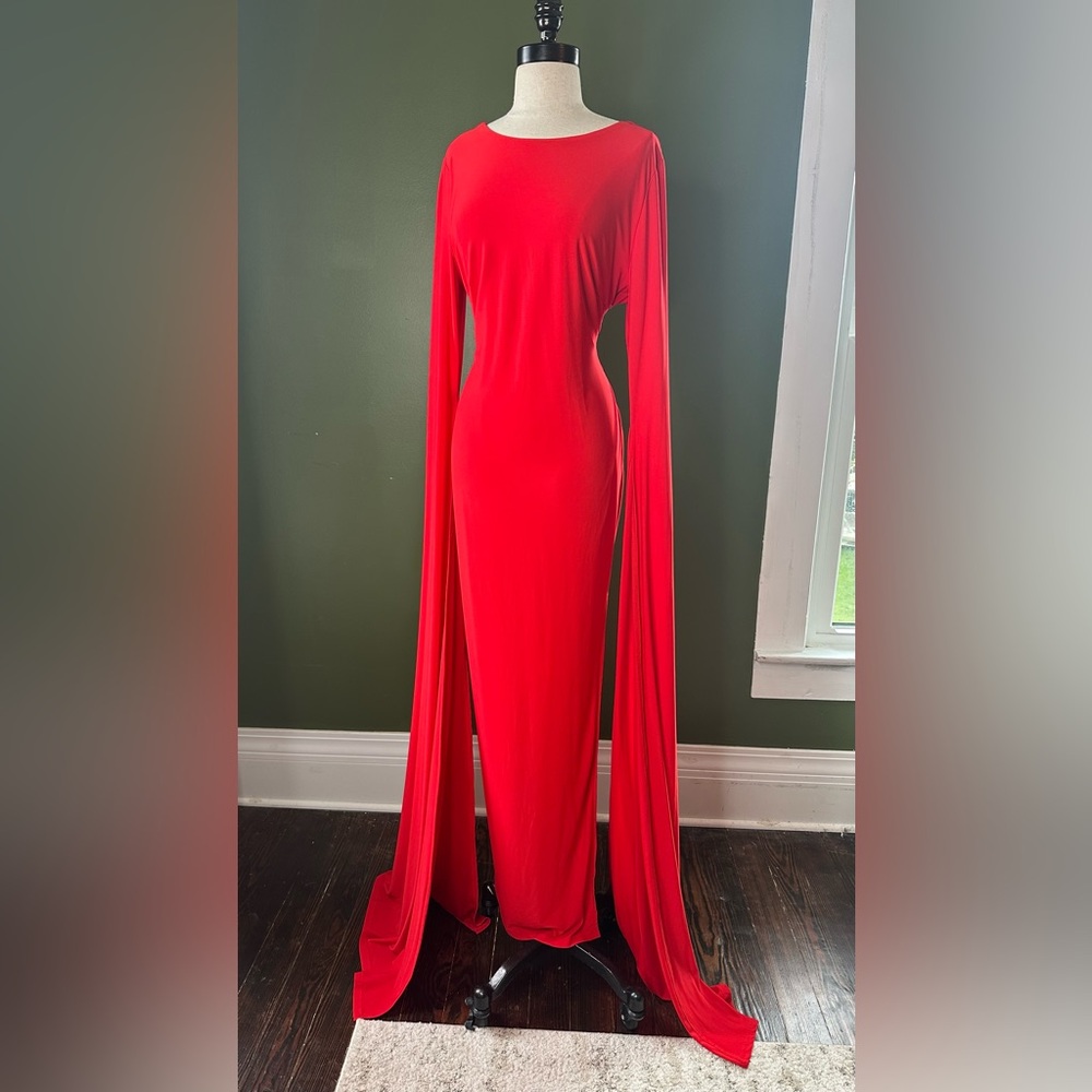 Elegant Red Evening Gown W/ Extra Long Sleeves - Valentine's Day